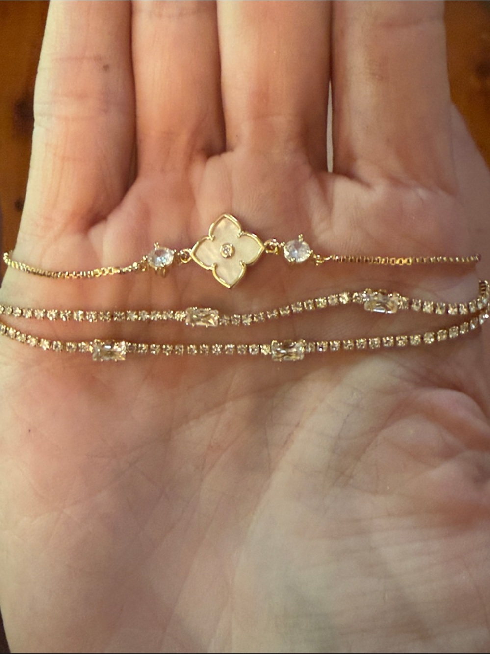 NWOT Gold w Floral cream colored enamel Clover and Gems Layered Bracelets 2 pc